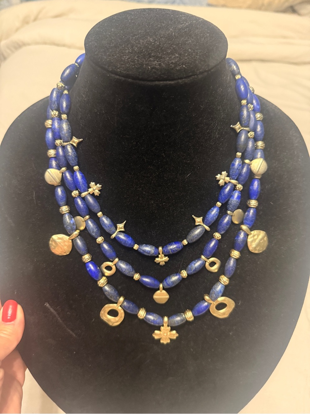 Blue Beaded Multi-Strand Necklace with Gold Accents